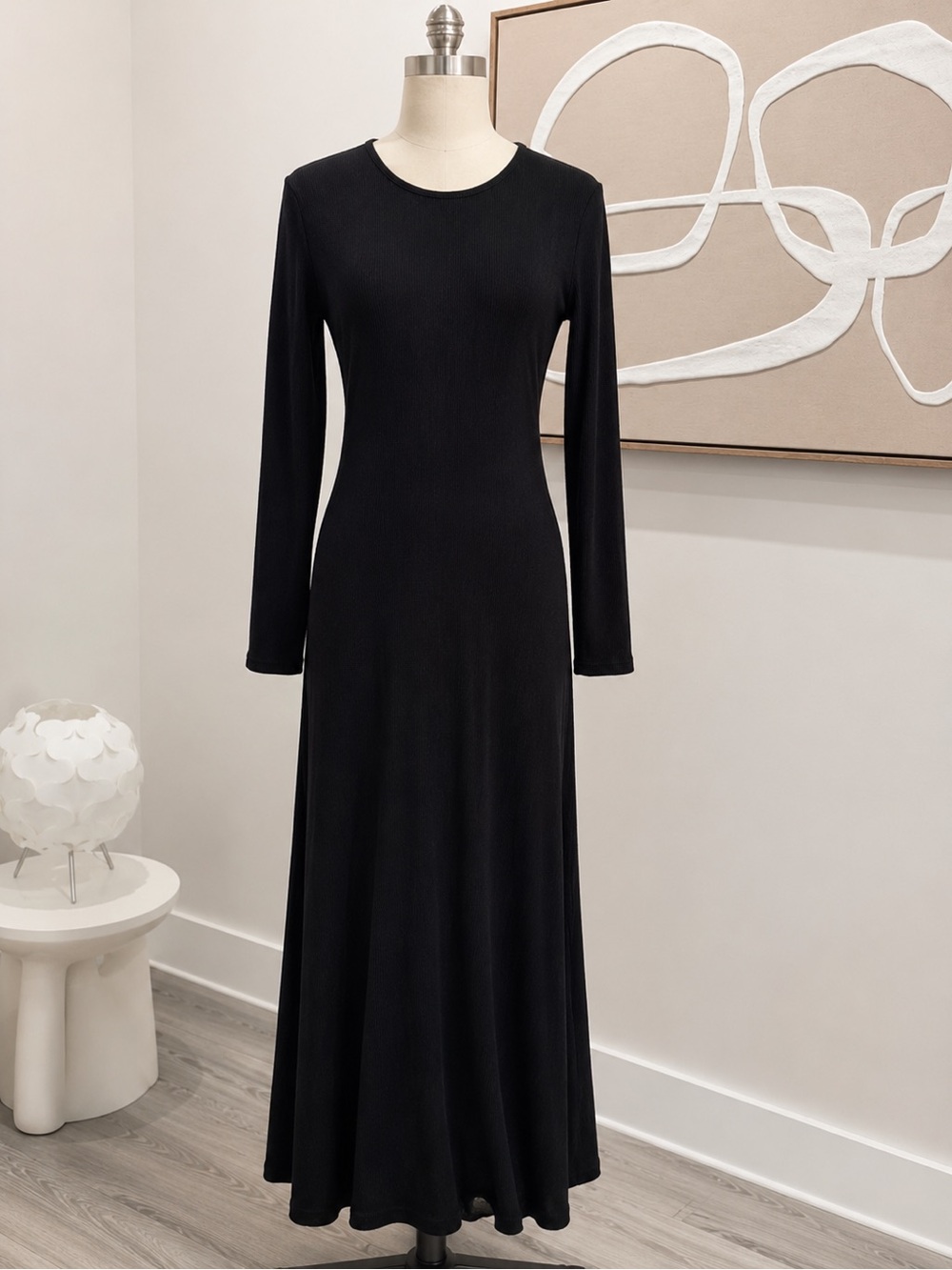 Boohoo Black Ribbed Maxi Dress Long Sleeve Size 10